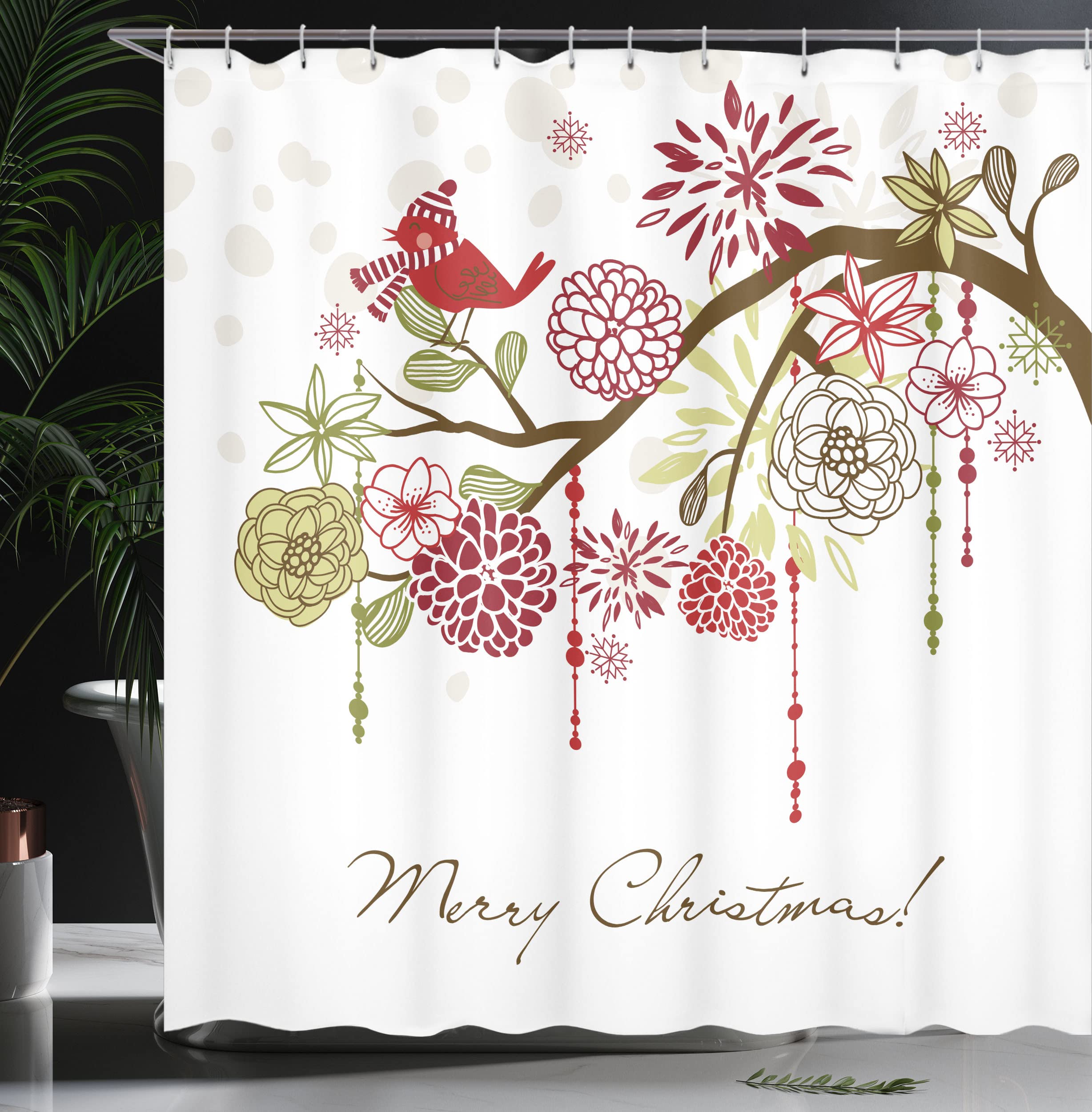Ambesonne Christmas Shower Curtain, Floral Winter Red Bird Hat And Scarf On Blooming Tree Nature Inspired, Cloth Fabric Bathroom